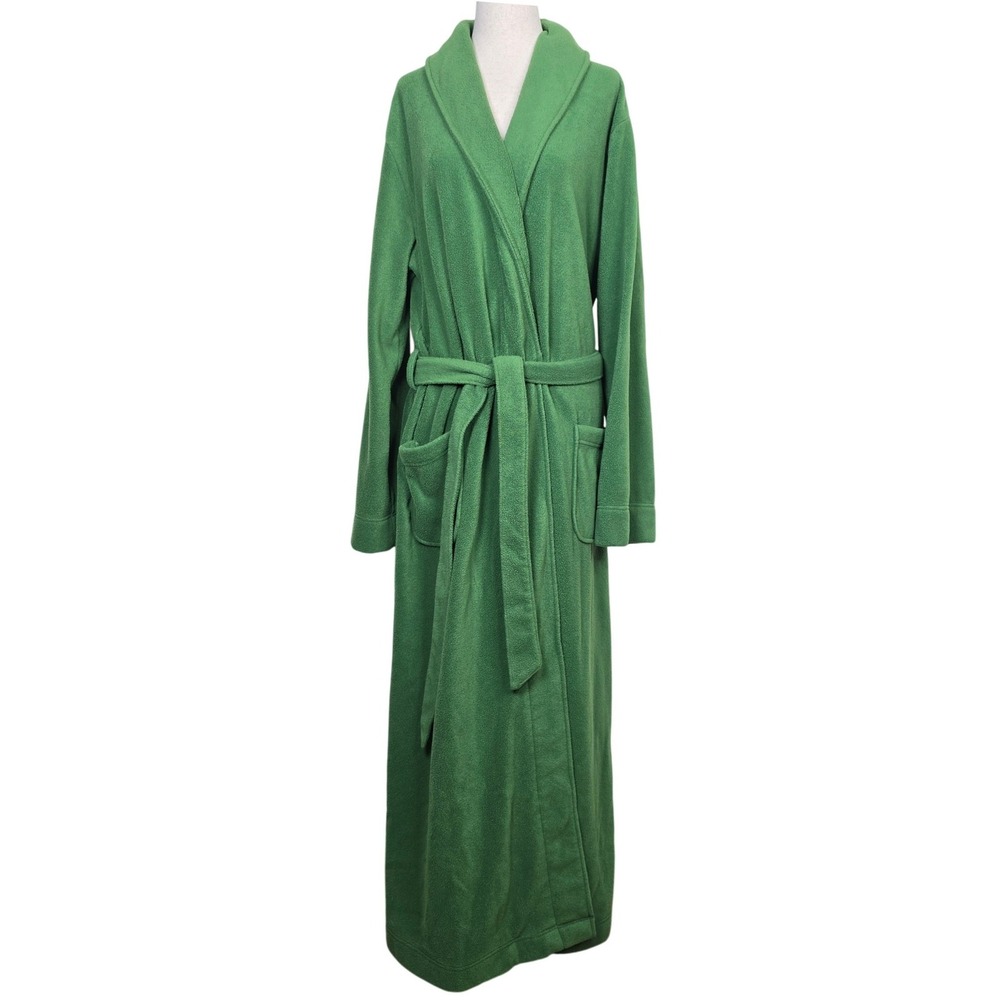 LL Bean Womens Green Fleece Robe Long Belted Pockets L-REG